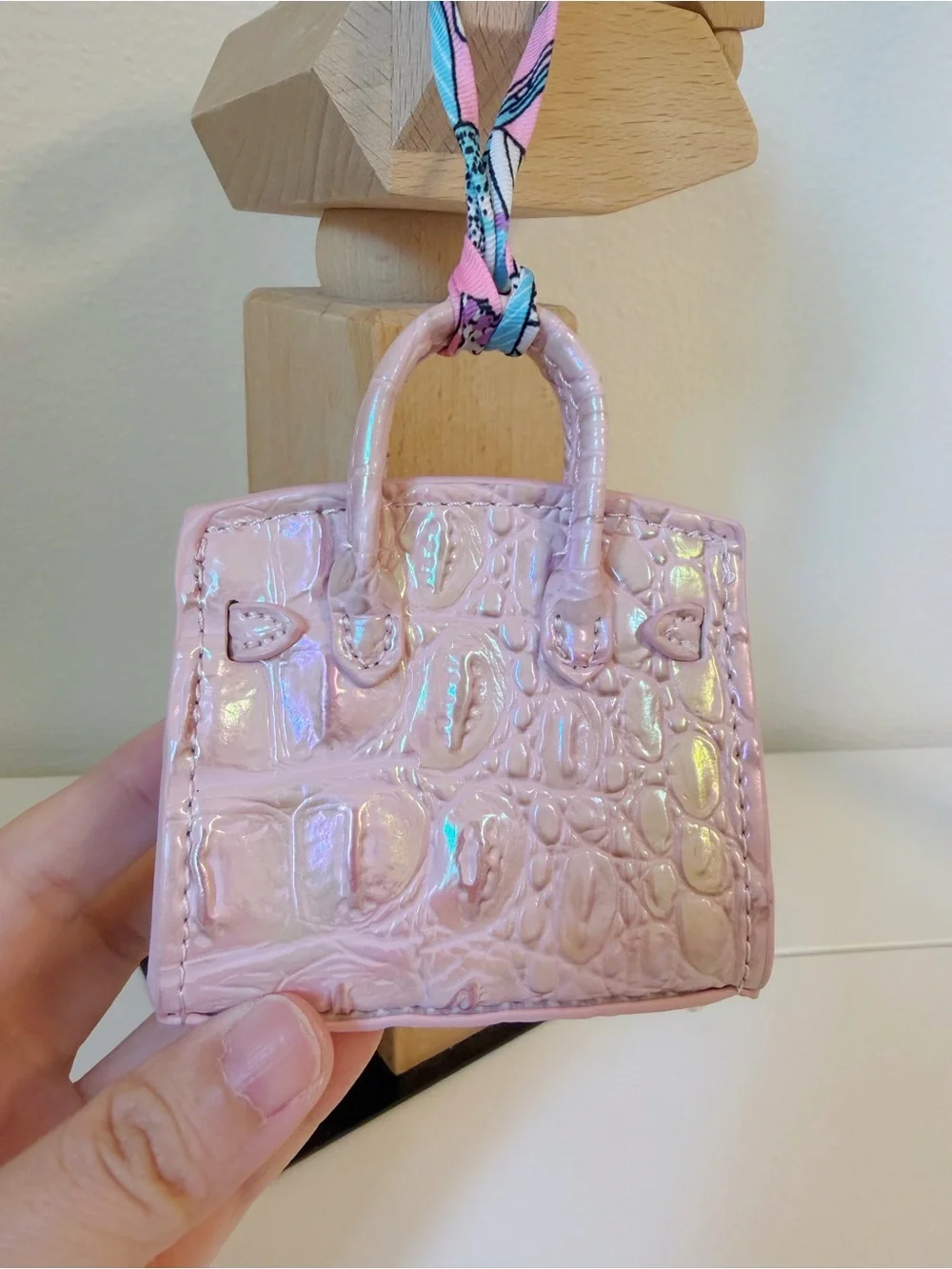 Iridescent Pearl Pink Croc Embossed Mini Bag Charm